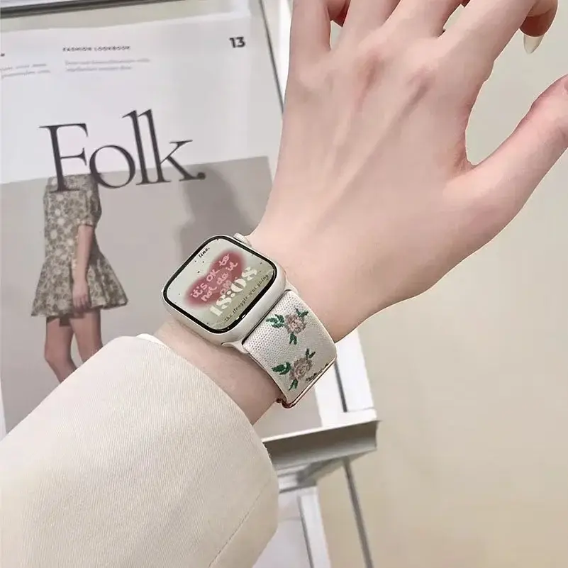 Korea Rose Flower Nylon Band For Apple Watch Series 8 7 6 5 4 3 2 SE Retro Girl Elastic Strap For iWatch 41mm 40mm 38mm 45 42 44