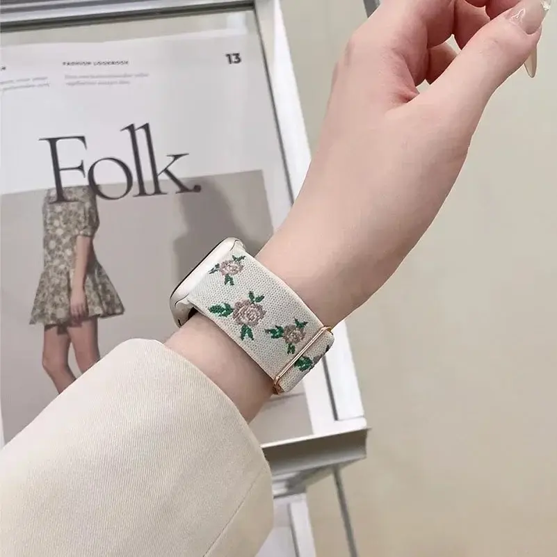 Korea Rose Flower Nylon Band For Apple Watch Series 8 7 6 5 4 3 2 SE Retro Girl Elastic Strap For iWatch 41mm 40mm 38mm 45 42 44