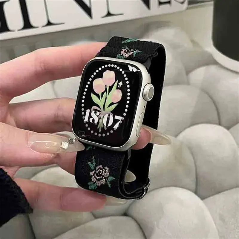 Korea Rose Flower Nylon Band For Apple Watch Series 8 7 6 5 4 3 2 SE Retro Girl Elastic Strap For iWatch 41mm 40mm 38mm 45 42 44
