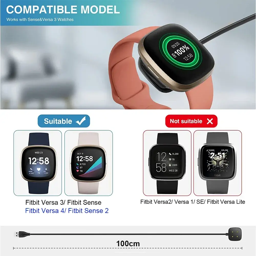 Charger for Fitbit Versa 3 & 4/ Sense 1 & 2 Charging Cable Replacement USB Cord Dock Adapter Magnetic 3.3ft Smartwatch Accessory