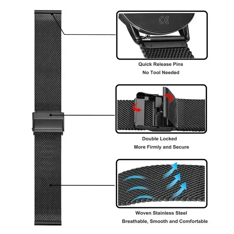 0.6mm Thickness Milanese Mesh Stainless Steel Band Wriststrap 16mm 18mm 20mm 22mm Metal Straps for Samsung Galaxy Watch 7/6/5/4