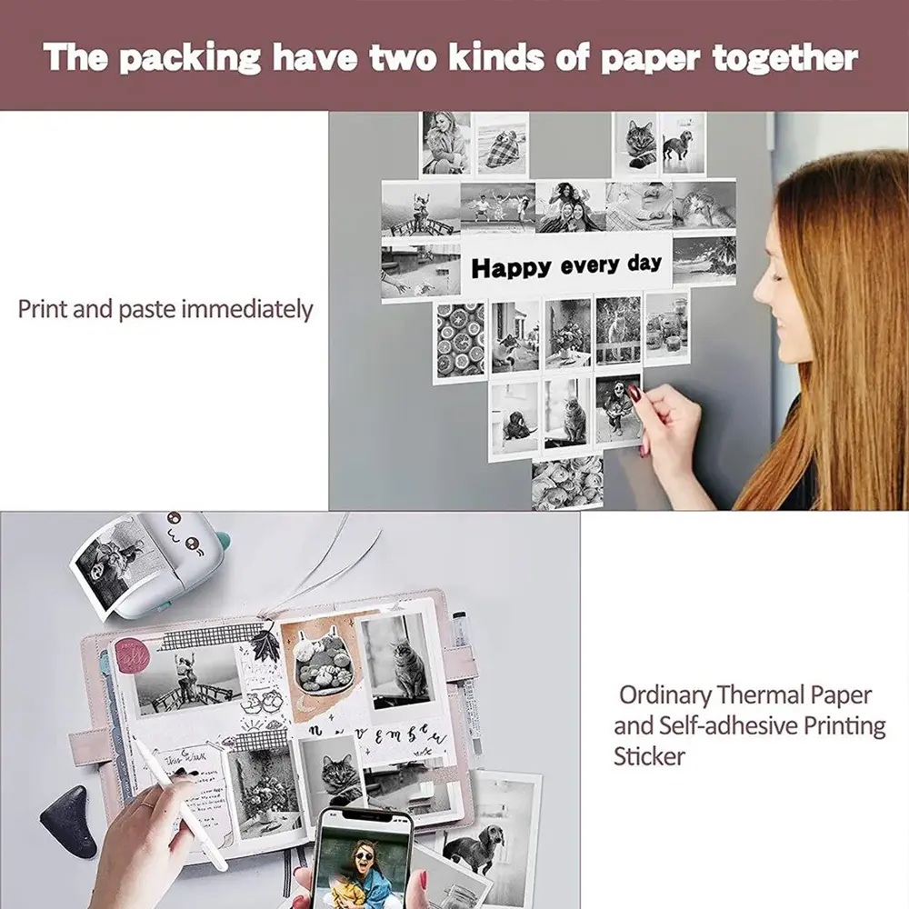 HD Mini Portable Printer Thermal Paper Universal 57mm Self-adhesive Paper Label Sticker For Phone Printing Picture Photo 2024