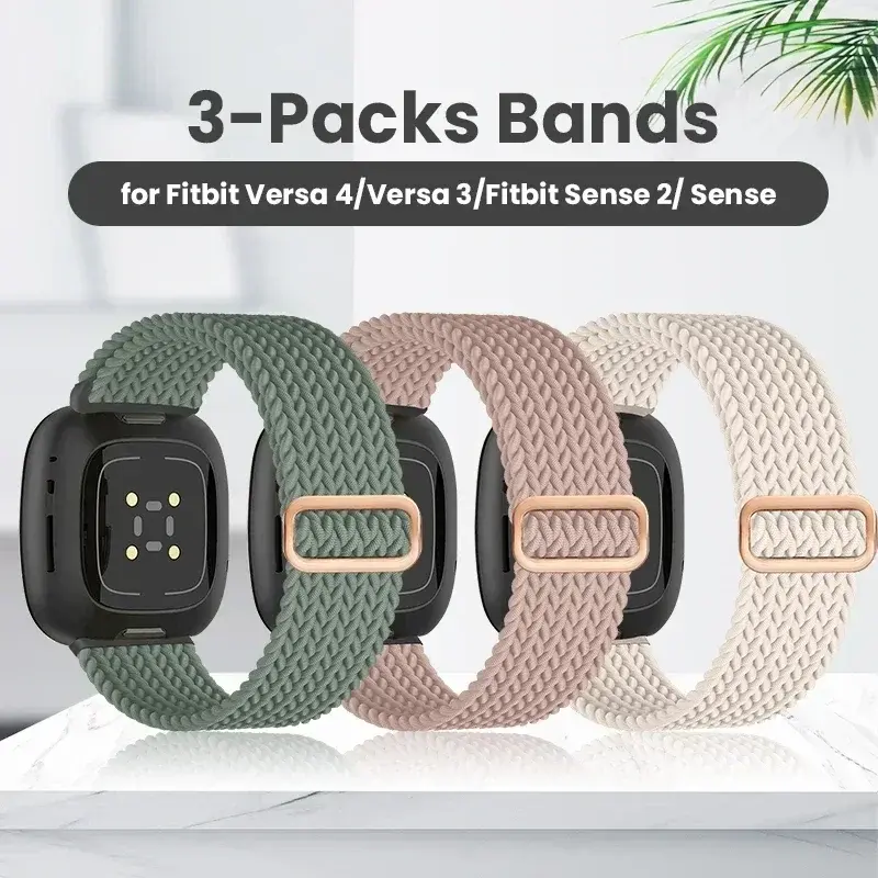3pcs Sport Bands,Compatible with Fitbit Versa 3/Versa 4/Sense 2/Sense, Adjustable Stretchy Solo Loop Nylon Replacement Watchband