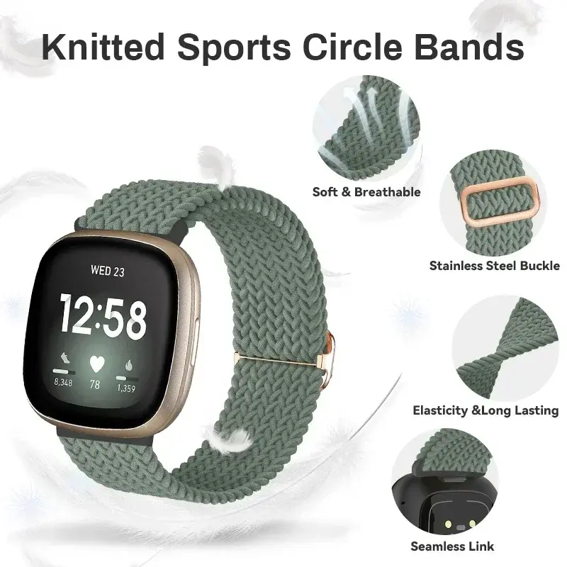 3pcs Sport Bands,Compatible with Fitbit Versa 3/Versa 4/Sense 2/Sense, Adjustable Stretchy Solo Loop Nylon Replacement Watchband