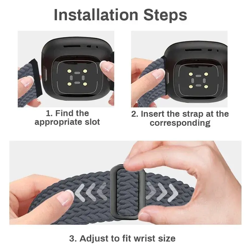 3pcs Sport Bands,Compatible with Fitbit Versa 3/Versa 4/Sense 2/Sense, Adjustable Stretchy Solo Loop Nylon Replacement Watchband