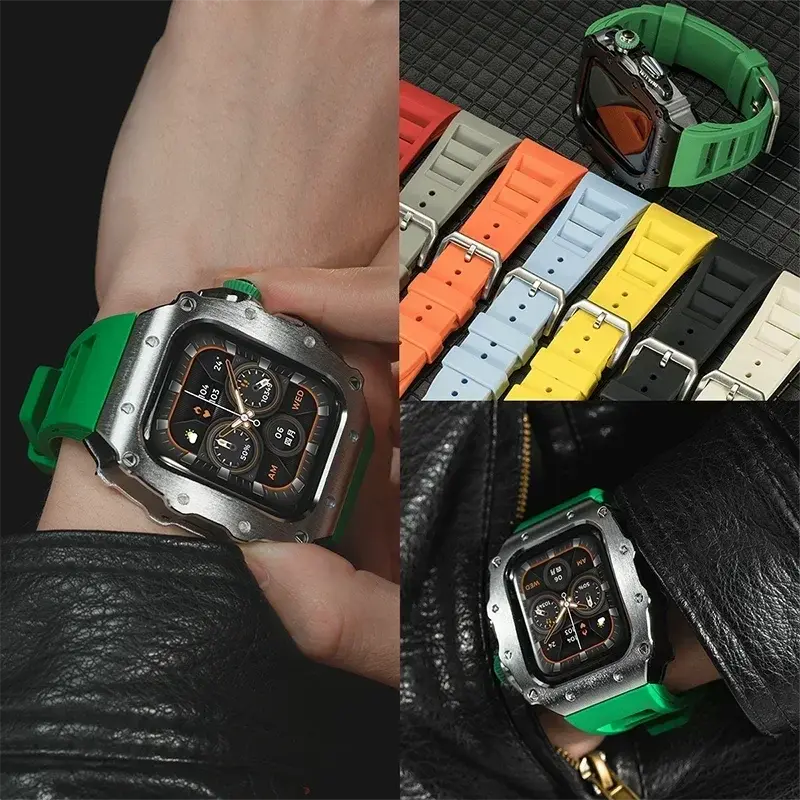Luxury Modification Kit for Apple Watch Series 10 46mm 44mm 45mm Silicone Strap Stainless Steel Case for IWatch 9 8 7 6 SE 5 4