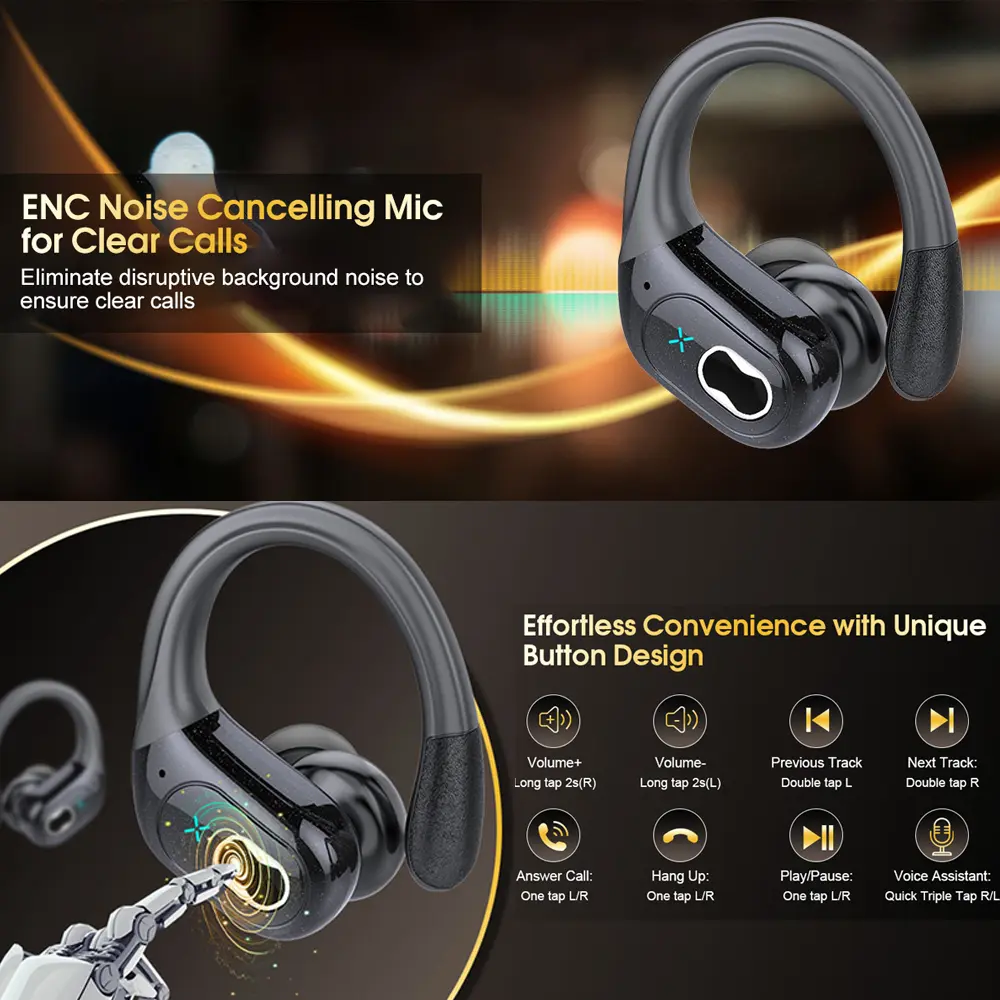 Ear Ganging Type Headset Men Women Waterproof HiFi Stereo Sound Blue Tooth Headphone Music Sports Earphone ENC Noise Cancelling