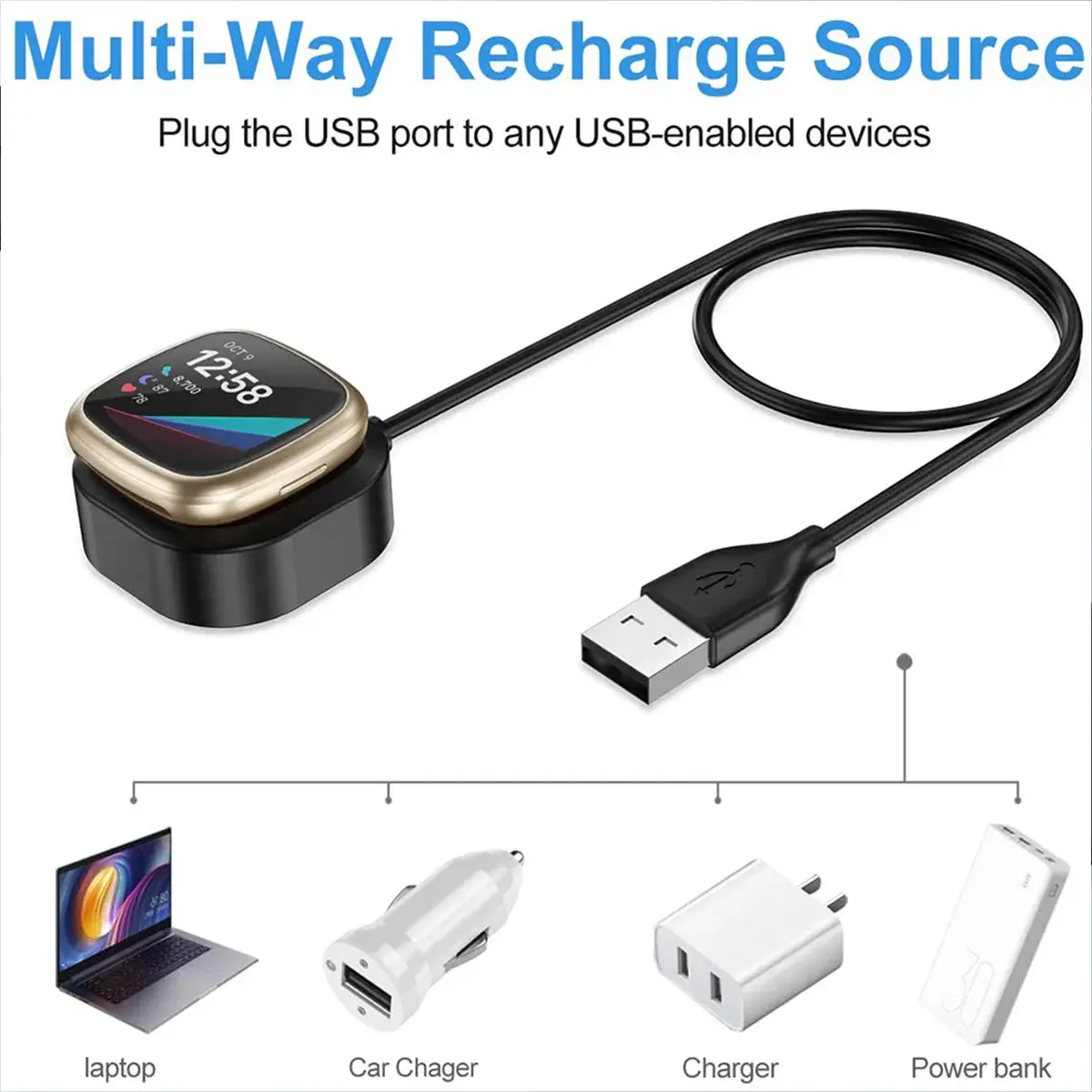 Smart Watch Dock Charger Adapter Magnetic USB Charging Cable Power Cord Compatible For Fitbit Versa 4/3 Sense 2/1