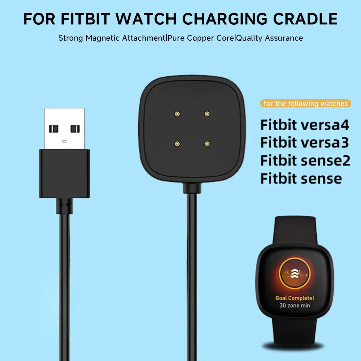 Smart Watch Dock Charger Adapter Magnetic USB Charging Cable Power Cord Compatible For Fitbit Versa 4/3 Sense 2/1