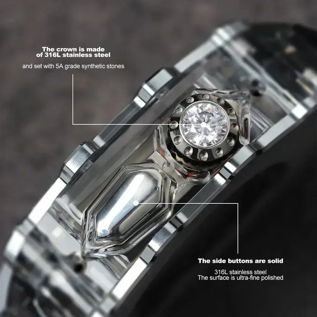 Case+Fluororubber Strap for Apple Watch Ultra2 49mm Luxury Modification Kit Crystal Button Stainless SteelCase for iWatch Series