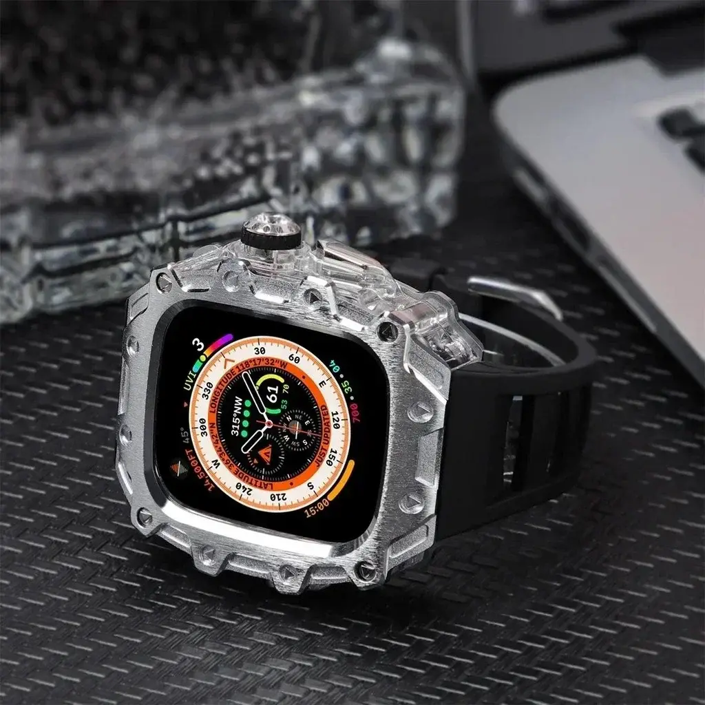 Case+Fluororubber Strap for Apple Watch Ultra2 49mm Luxury Modification Kit Crystal Button Stainless SteelCase for iWatch Series