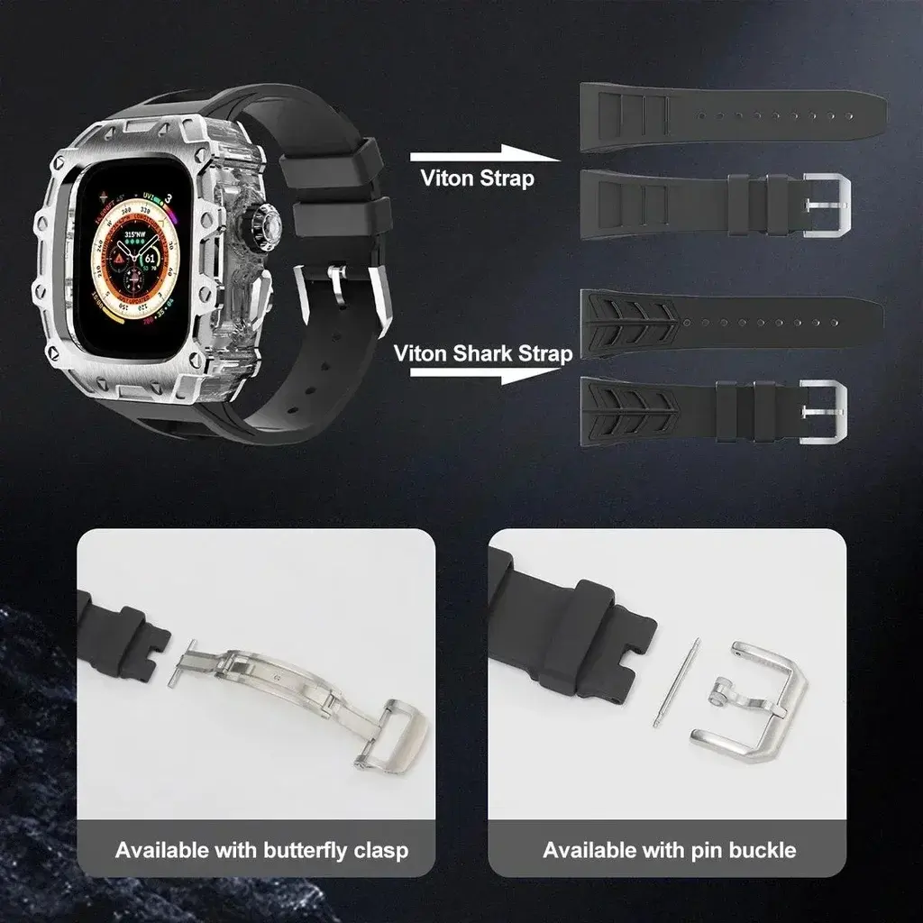 Case+Fluororubber Strap for Apple Watch Ultra2 49mm Luxury Modification Kit Crystal Button Stainless SteelCase for iWatch Series