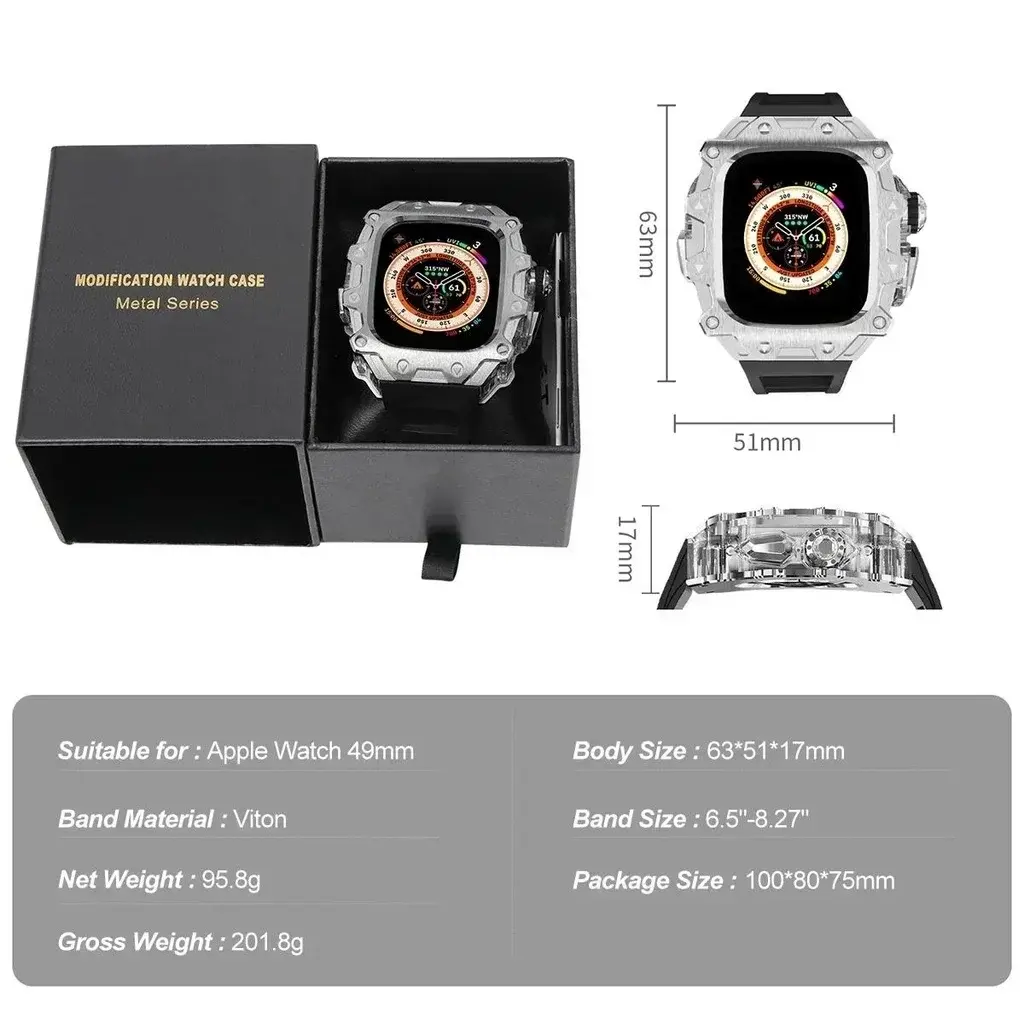 Case+Fluororubber Strap for Apple Watch Ultra2 49mm Luxury Modification Kit Crystal Button Stainless SteelCase for iWatch Series
