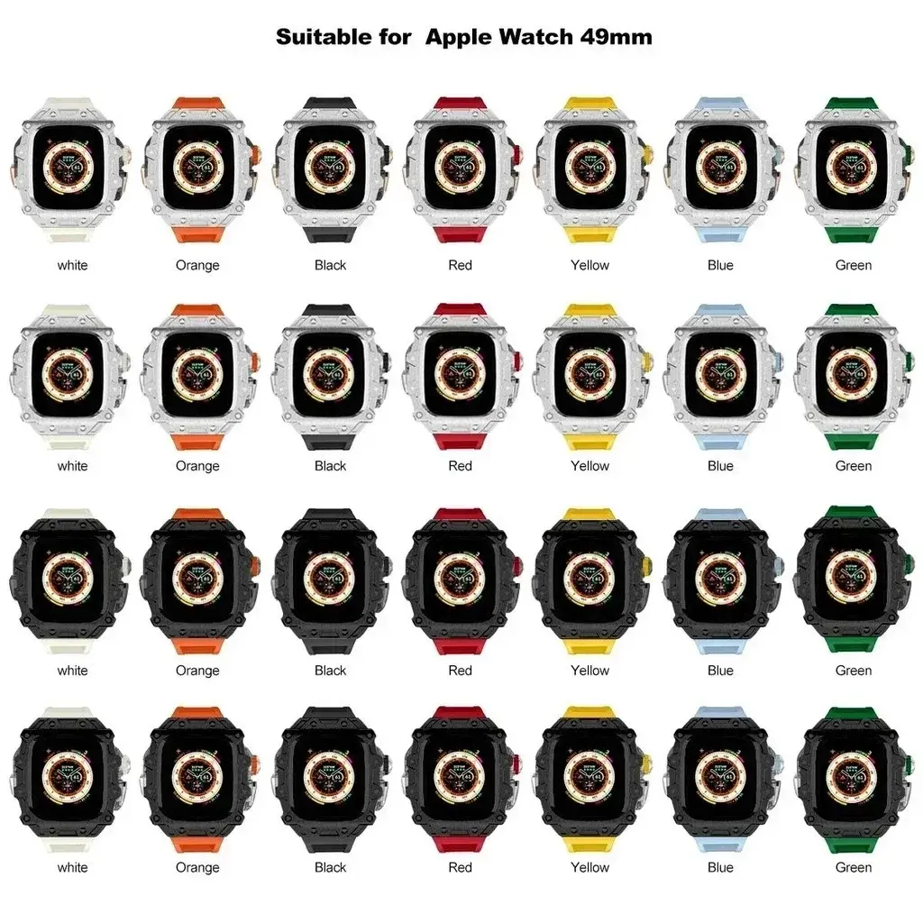 Case+Fluororubber Strap for Apple Watch Ultra2 49mm Luxury Modification Kit Crystal Button Stainless SteelCase for iWatch Series