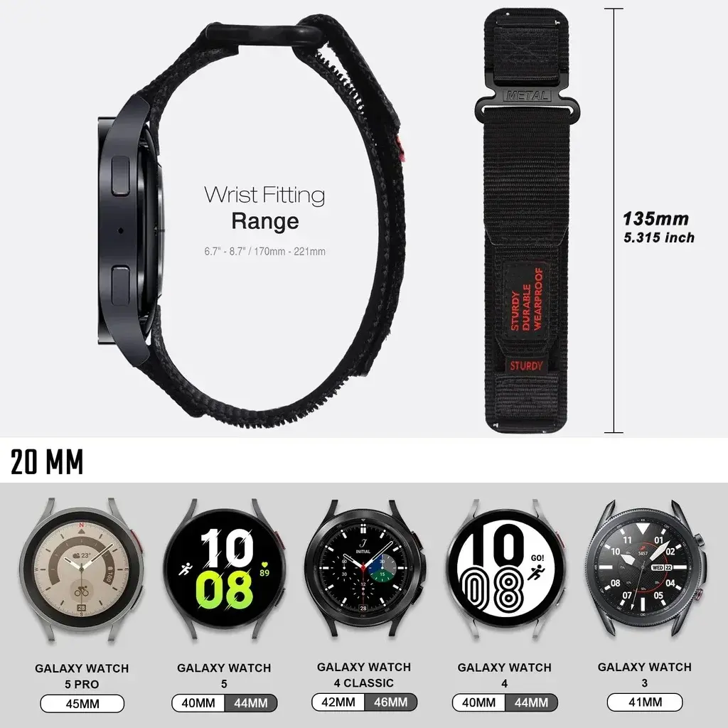 22mm 20mm Tactics Sport Strap for Samsung Galaxy Watch 6 5 4 40mm 44mm Band 6 Classic 43 47mm Nylon Loop Bracelet Active Gear S3