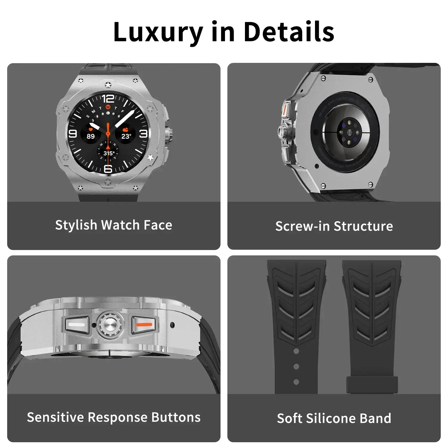 Luxury Modification Kit for Samsung Galaxy Watch Ultra 47mm Stainless Steel Case Silicone Strap for Ultra 47mm DIY Accessorie