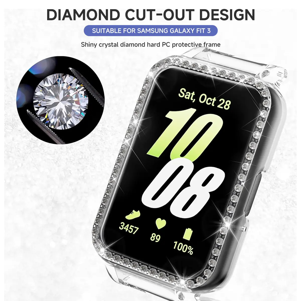 Protector Bling PC Hollow Case For Samsung Galaxy Fit 3 Samrt Watch Strap Diamond Crystal Bumper Protective Cover Screen