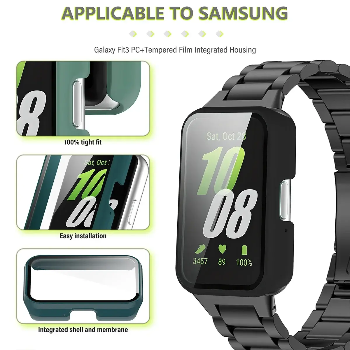 Smartwatch Protective Cover for Samsung Galaxy Fit 3 SM-R390 PC Watch Case with Tempered Glass Anti-Fall Anti-Scratch Watch Case