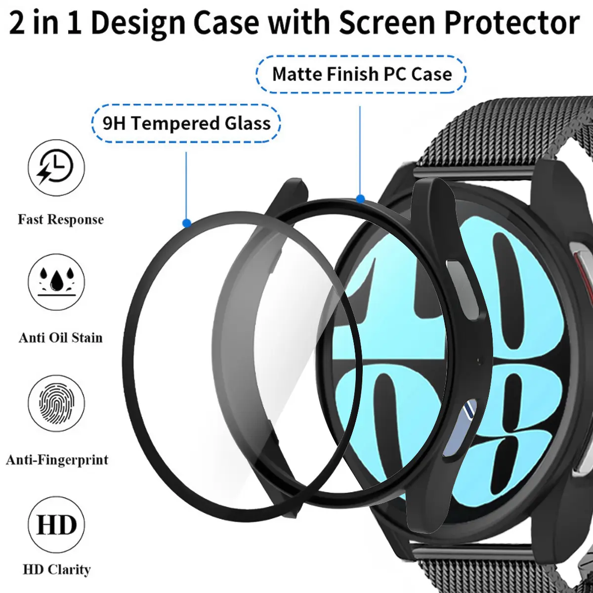Tempered Glass+PC Cover for Samsung Galaxy Watch 7 6 5 4 44mm 40mm Strap Steel Mesh band Watch for 5 pro 45mm Case Cover Bumper