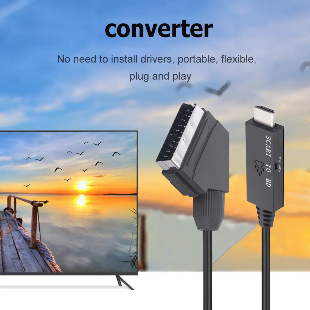1m Switch Converter Scart To HDMI-compatible 1080P Video Audio Converter Adapter DC 5V Micro USB Cable Accessories for HDTV/DVD