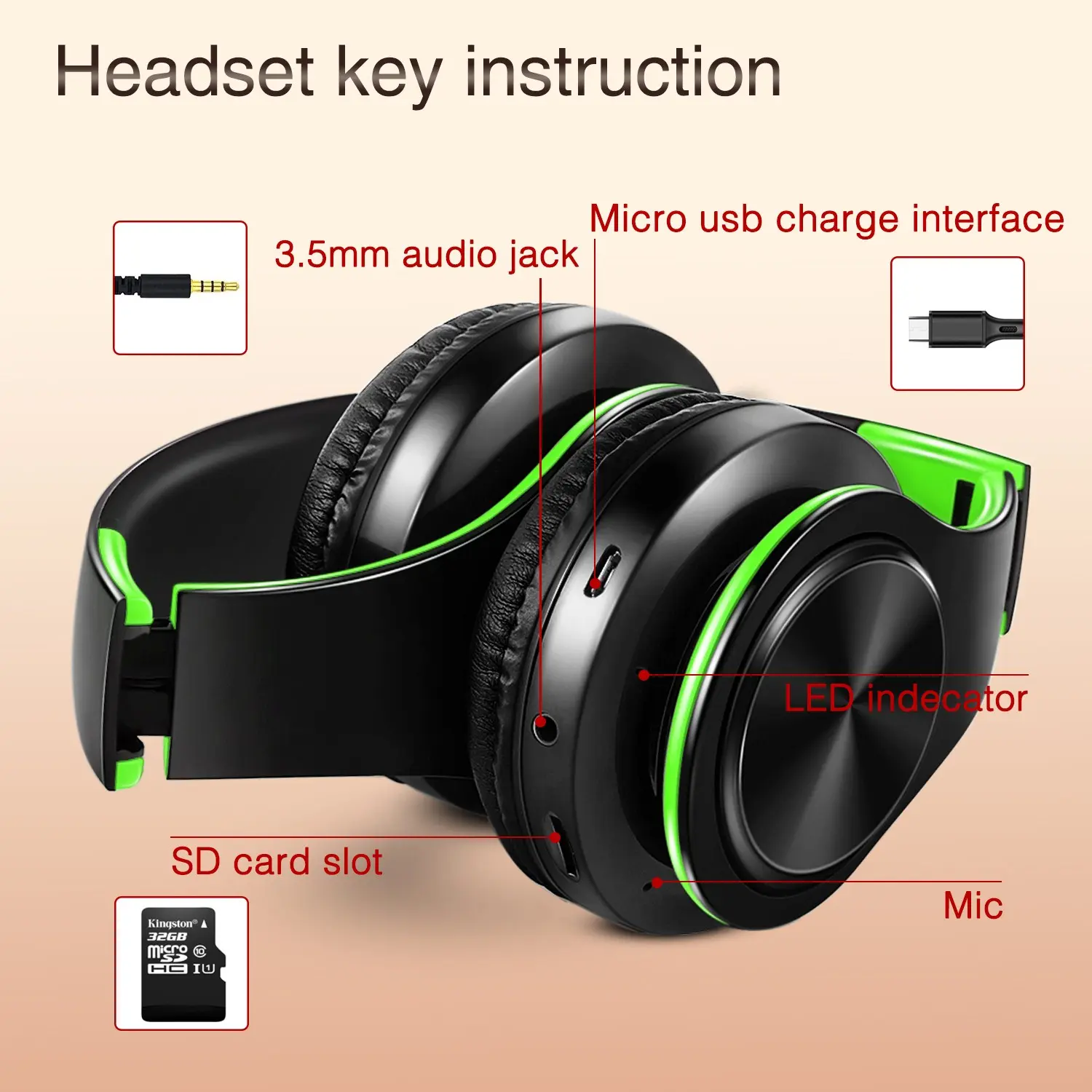 Girl Boy Gift Earphones Wireless Stereo Bluetooth Headphones Built-in Mic Soft Earmuffs Sports Headset BASS for Ios and Android
