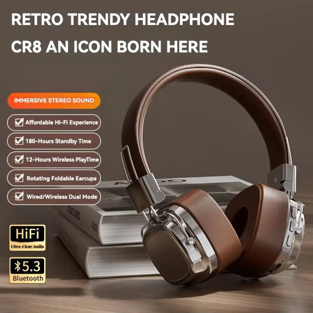 Retro Classic Over-Ear Headphone Bluetooth 5.3 DJ Stereo/TF Card Wireless Headphones Folding Sports Rock Music Headphoe with Mic
