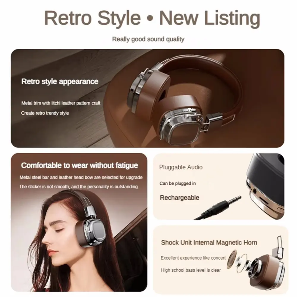 Retro Classic Over-Ear Headphone Bluetooth 5.3 DJ Stereo/TF Card Wireless Headphones Folding Sports Rock Music Headphoe with Mic