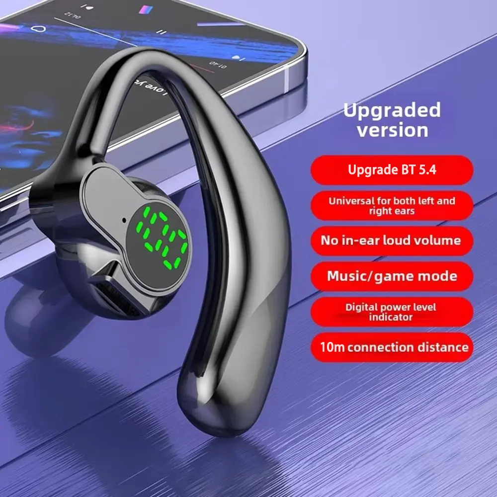 Wireless Headphones Bluetooth 5.4 Headset Handsfree Noise Cancelling Rotatable Sport Digital Display Single Ear Earhook Earphone