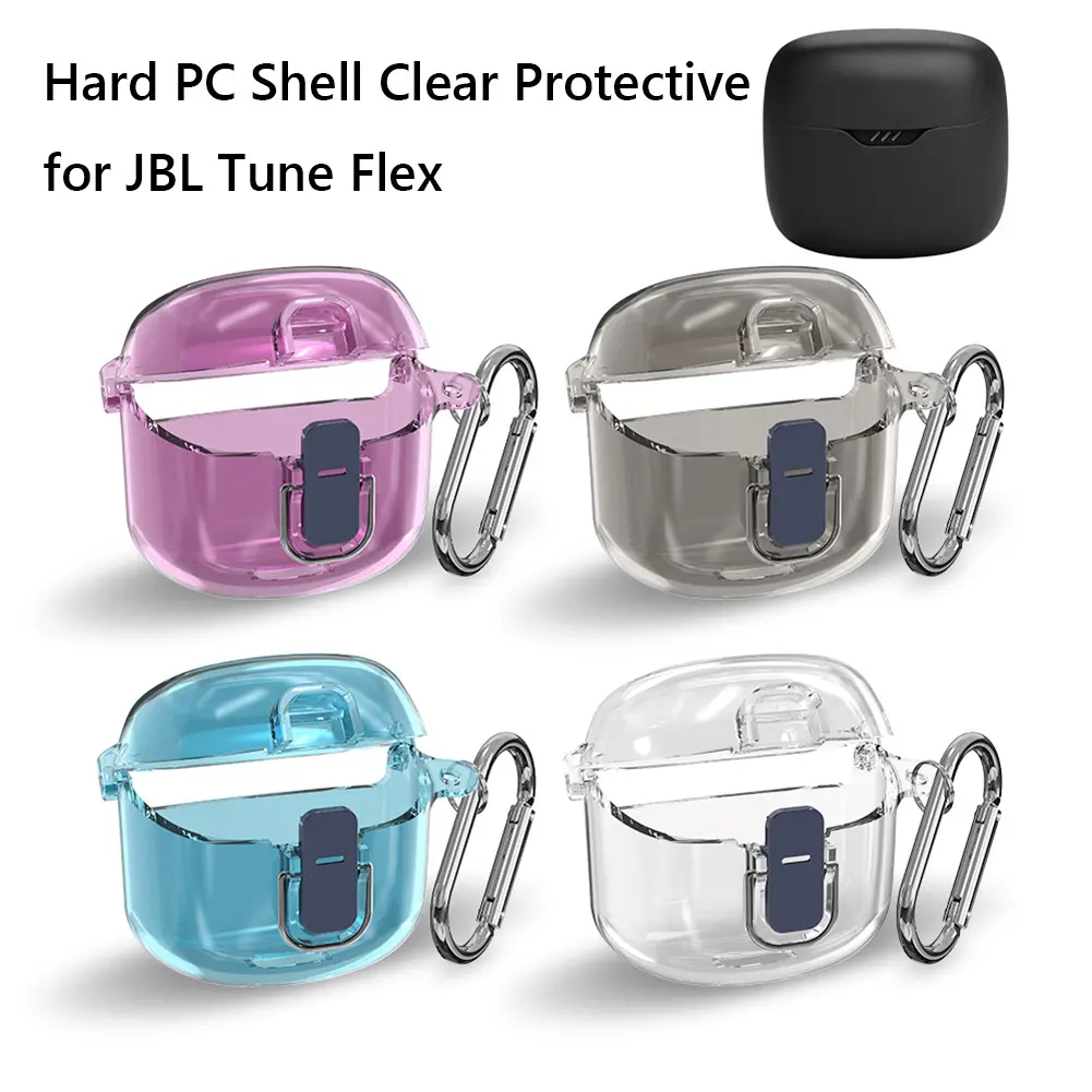 Protective Cover Shockproof Hard PC Shell Clear Case Cover Earphone Case with Carabiner for JBL Tune Flex 2023 Wireless Earbuds