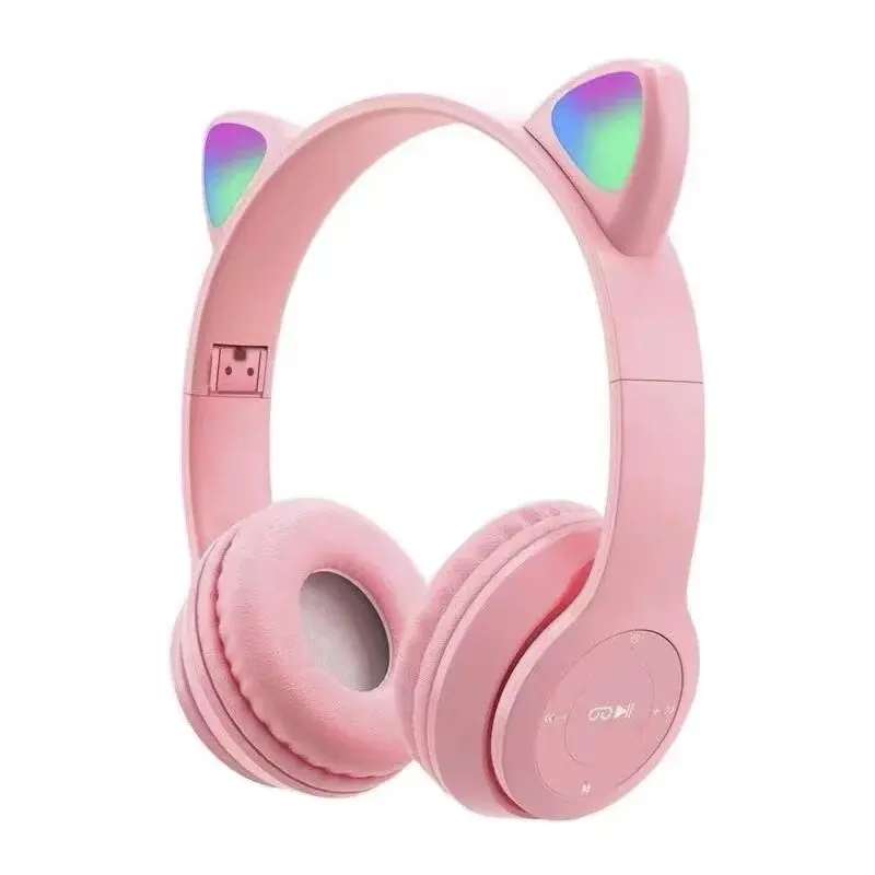P47M Cute Cat Ear Bluetooth Headphones with LED Wireless Headset Children Girls Stereo Folding Sports Headset with Microphone