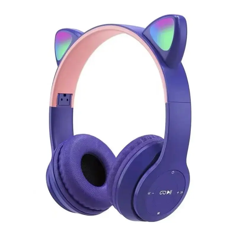 P47M Cute Cat Ear Bluetooth Headphones with LED Wireless Headset Children Girls Stereo Folding Sports Headset with Microphone