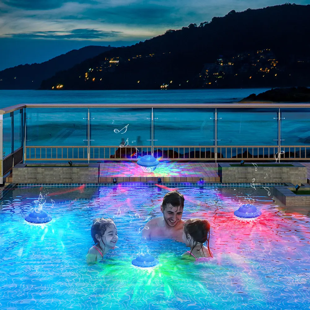 Floating Pool Speaker UFO Shaped Pool Speaker with Colorful LED Lights IPX7 Waterproof Stereo Sound for for Outdoor Pool Spa
