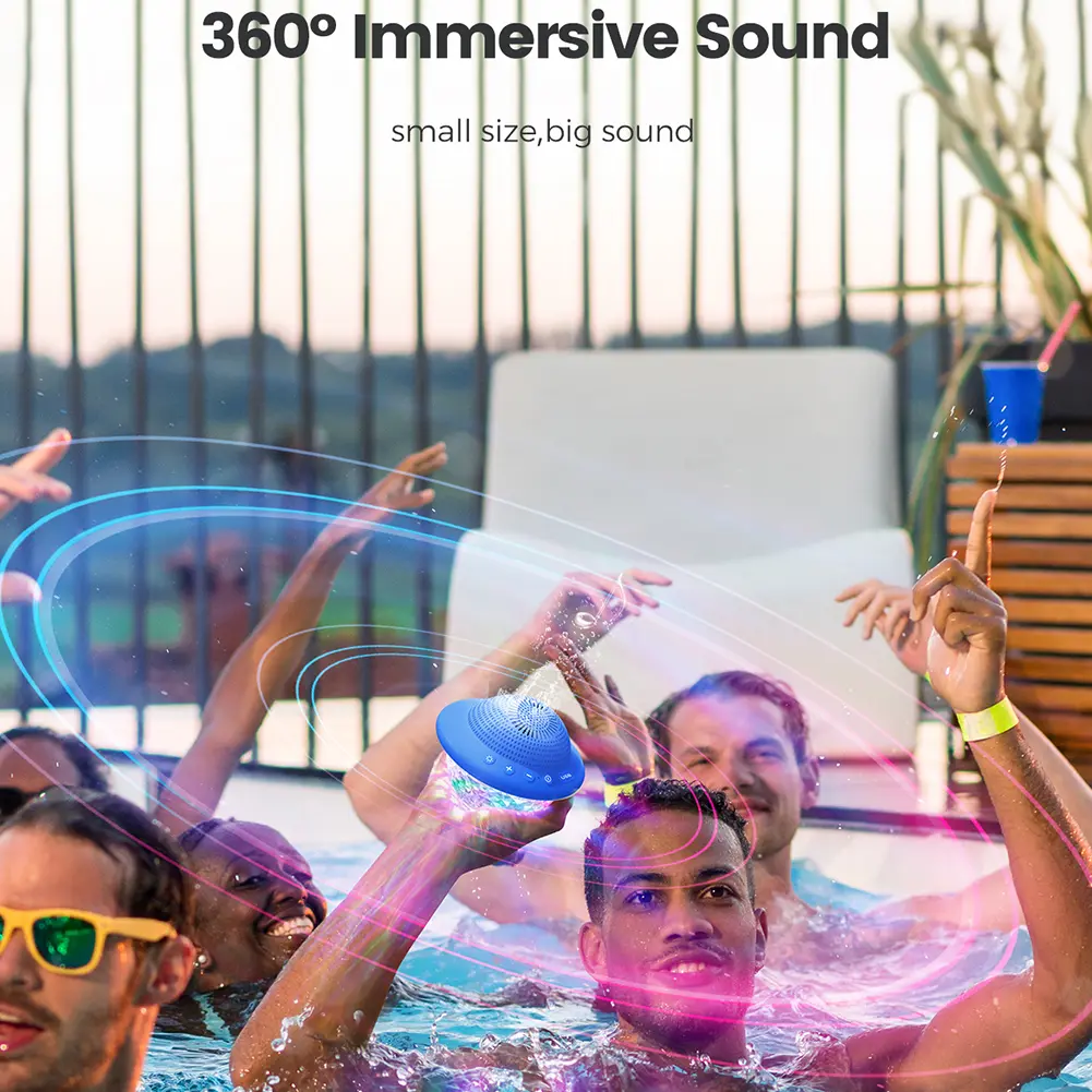 Floating Pool Speaker UFO Shaped Pool Speaker with Colorful LED Lights IPX7 Waterproof Stereo Sound for for Outdoor Pool Spa