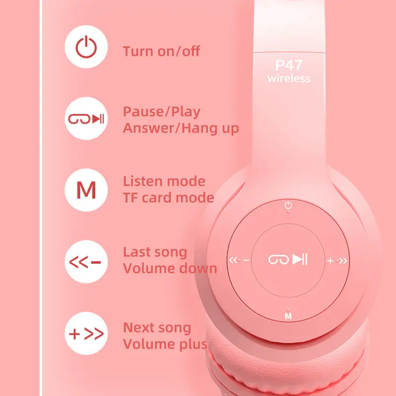 #P47M Wireless Headphone Flash Light Cute Cat Ears Fone with Mic Control LED Stereo Music Helmet Phone Bluetooth Headset Gift