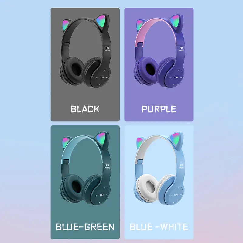 #P47M Wireless Headphone Flash Light Cute Cat Ears Fone with Mic Control LED Stereo Music Helmet Phone Bluetooth Headset Gift