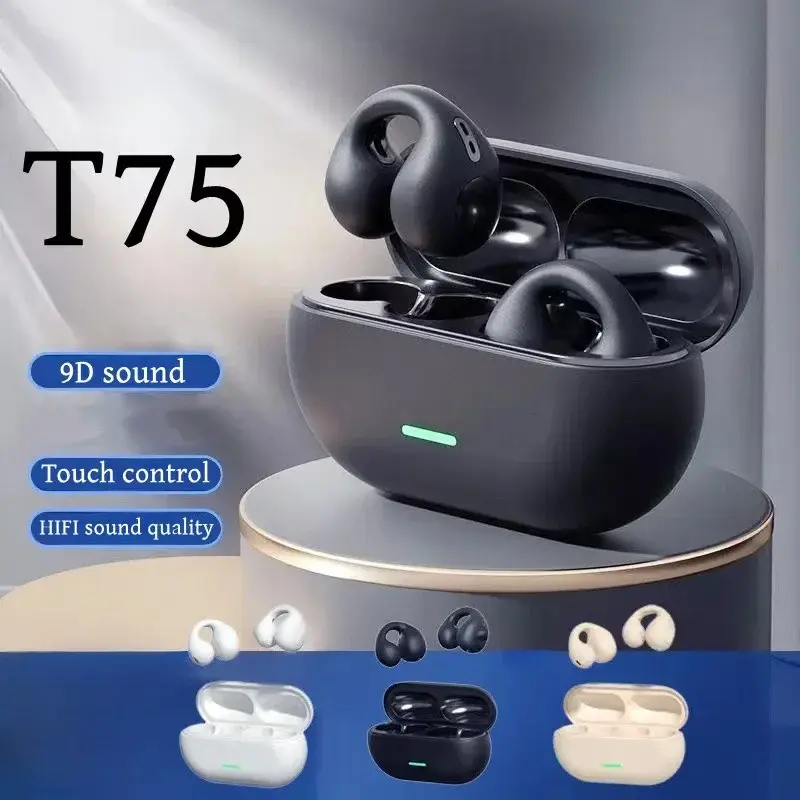 T75 Fone Bluetooth Headset Wireless Bone Conduction Headphones Clip Ear Music Noise Canceling HD Call Sports Gaming Earphone