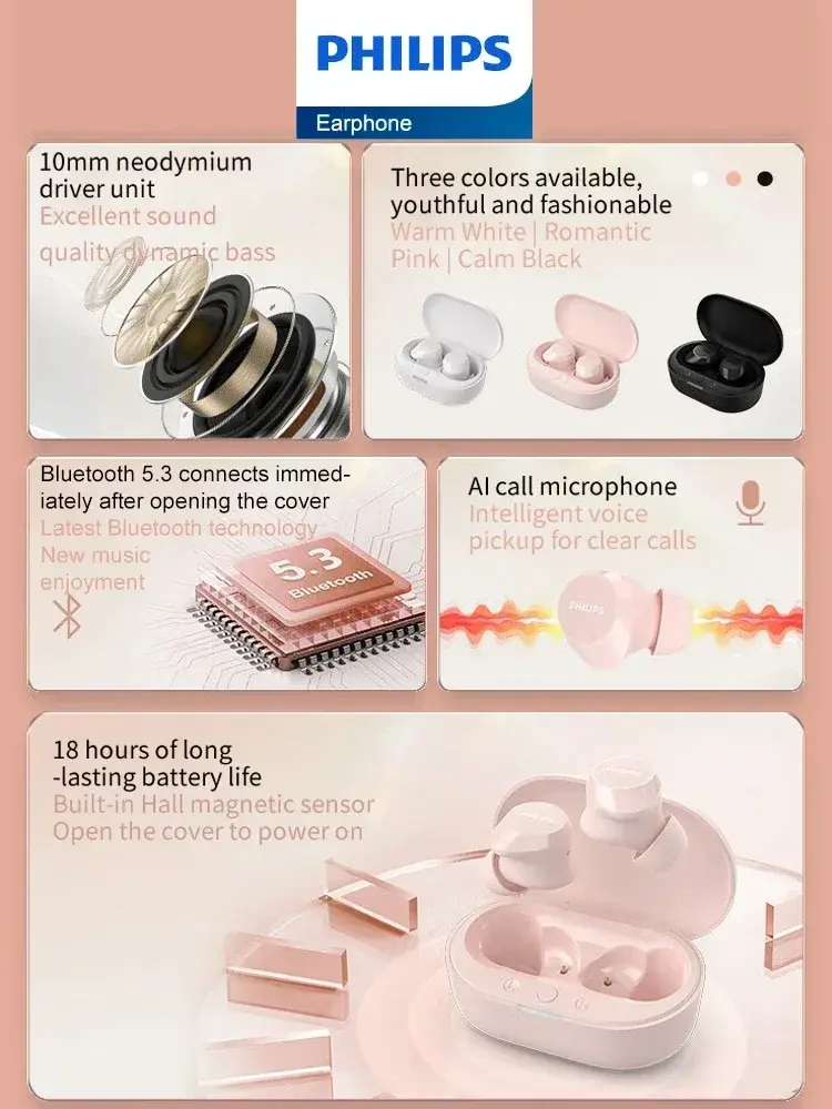 Official Original Philips TAT1209 Earphone Real Wireless Bluetooth 5.3 Earbuds HiFi HD Call Headphones Touch Control Long Life