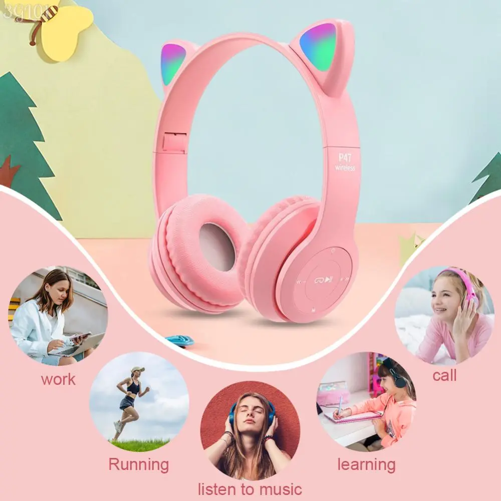Gradient Headphone Cartoon Flash Light Kids Children Headphone Voice Control Bluetooth-Compatible Pink Little Girl Earphone Gift