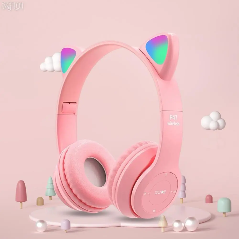 Gradient Headphone Cartoon Flash Light Kids Children Headphone Voice Control Bluetooth-Compatible Pink Little Girl Earphone Gift