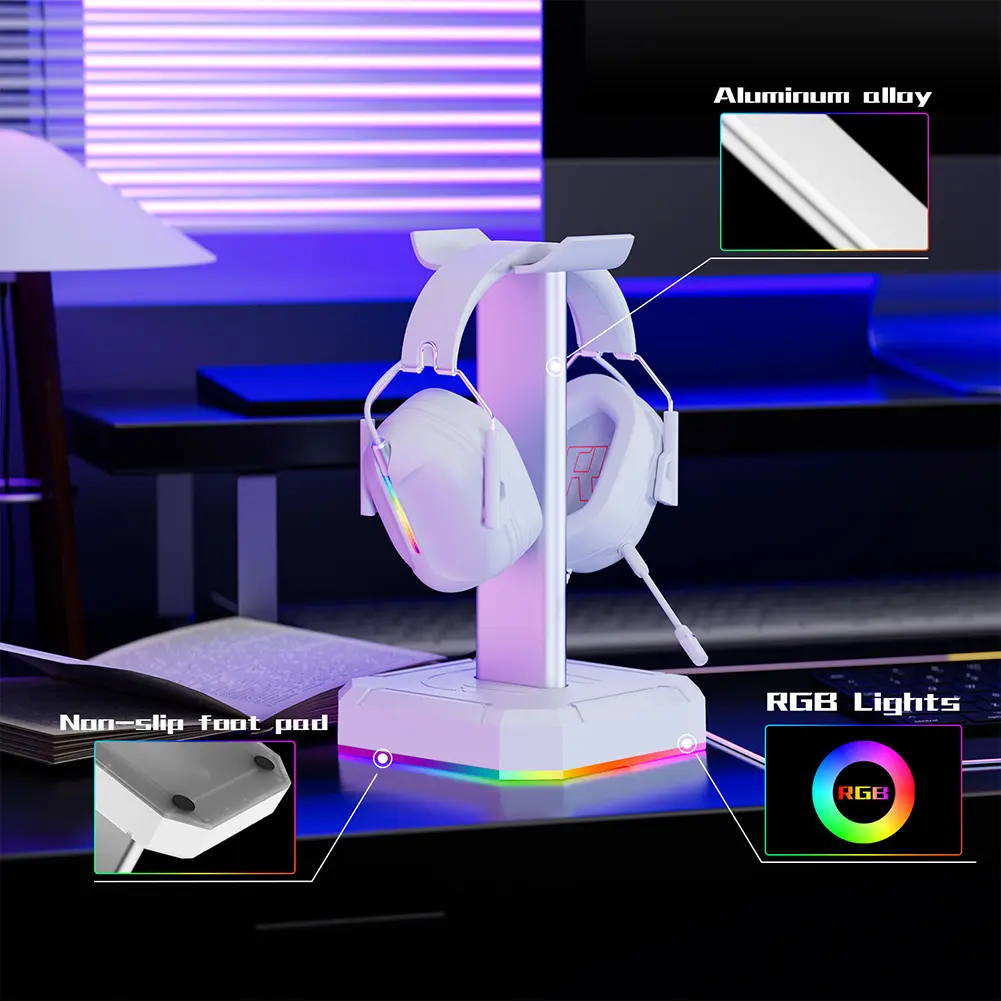Headphone Holder RGB Backlight Head Mounted Headphone Stand Rack Space Saving Desktop Organizer Vertical Bracket Hanger
