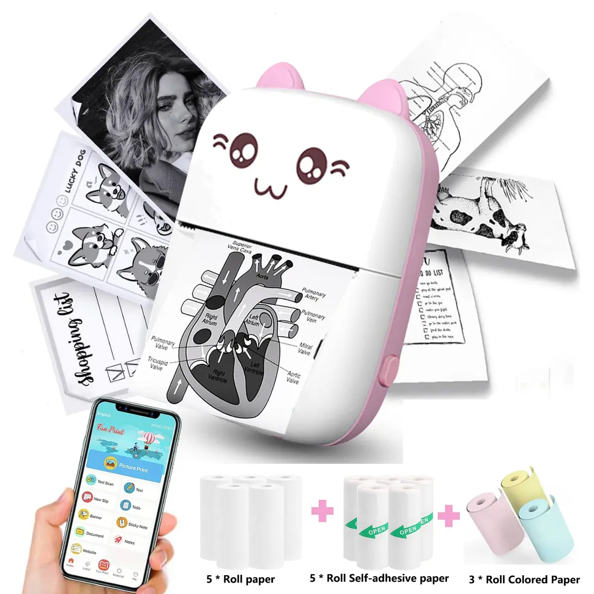 Mini Thermal Printer Wireless BT Label Photo Memo Wrong Question Printing Tag Bluetooth Printer USB Cable Portable