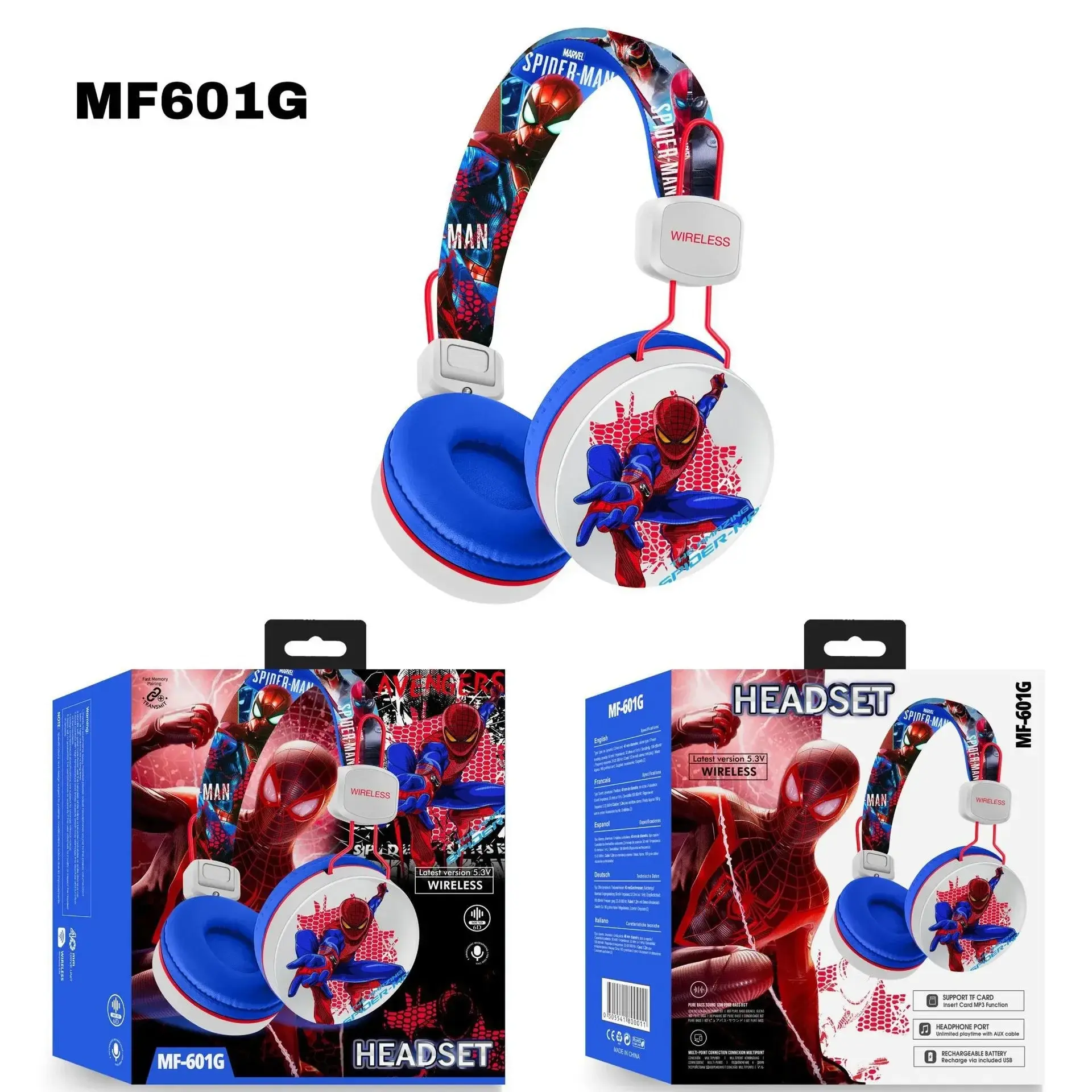 Disney Lilo & Stitch Headphones Bluetooth Wireless Earbuds HIFI Stereo Sound Headsets for Spider Man Kids Anime Cartoon MF601
