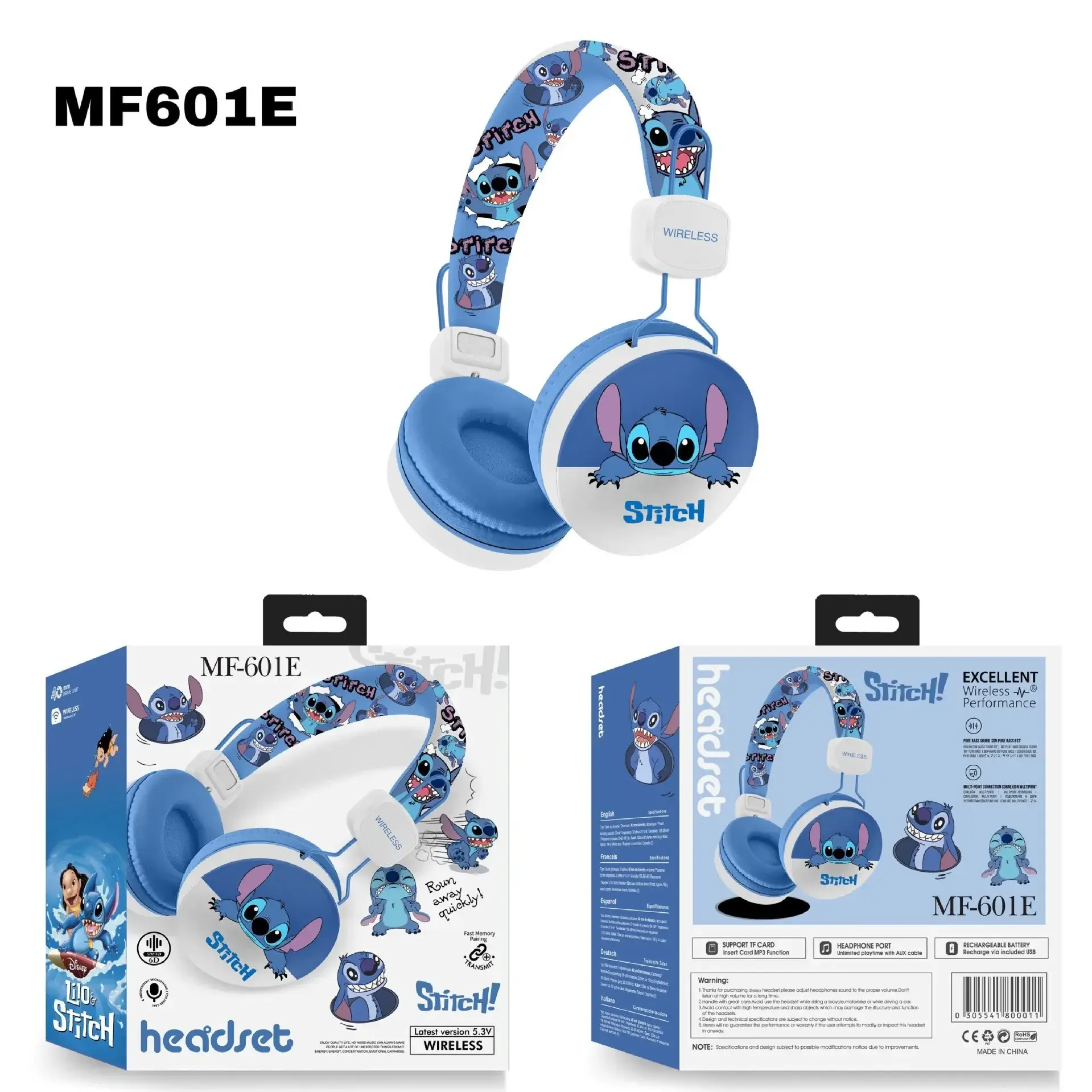 Disney Lilo & Stitch Headphones Bluetooth Wireless Earbuds HIFI Stereo Sound Headsets for Spider Man Kids Anime Cartoon MF601
