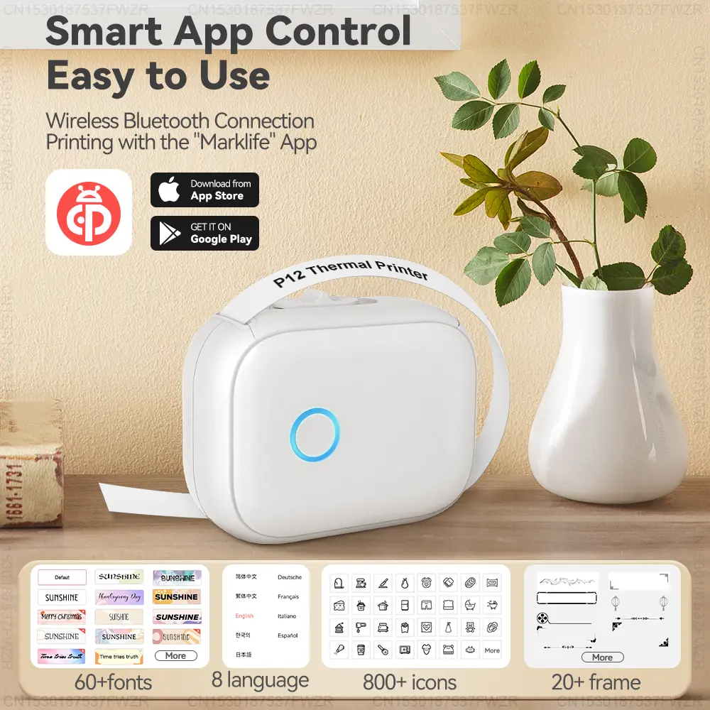 Portable Label Maker P12 Wireless Bluetooth Continuous Label Printer Similar as Marklife P15 Labeling Machine or 5PK Label Tape