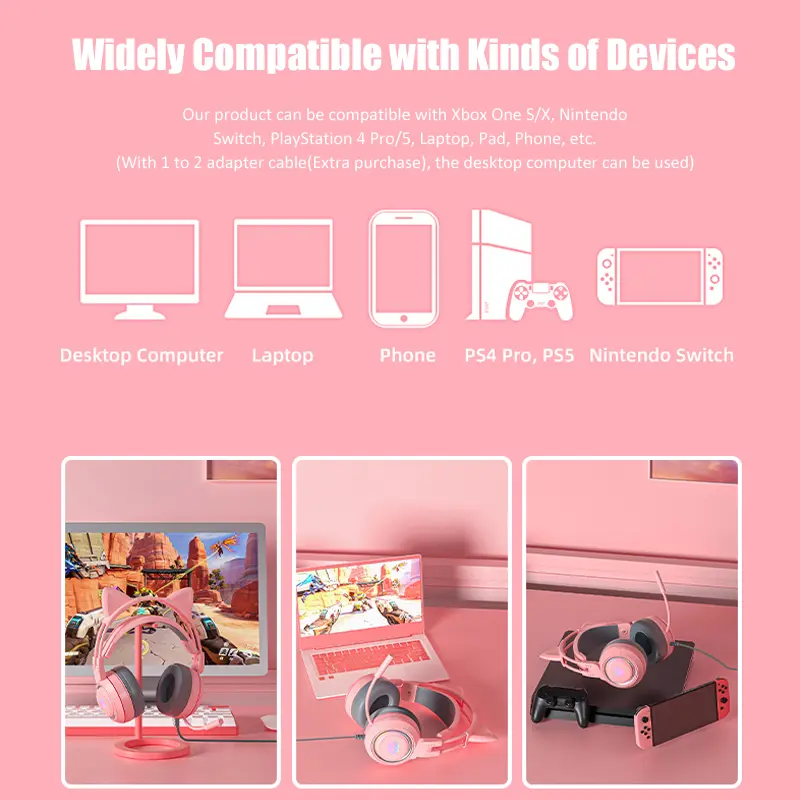 Cute Cat Ear Gaming Headphones with Mic Noise Reduced RGB Pink Girls Headset Gamer Accessories for PS4 Xbox Phone PC Kid Gift
