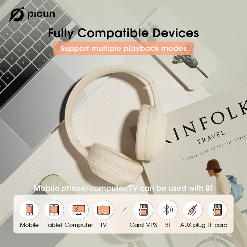 Picun B-01S Foldable Stereo Headphones Super Bass Noise Canceling Microphone PC Adult Kids 3 Color Wireless Bluetooth Headset