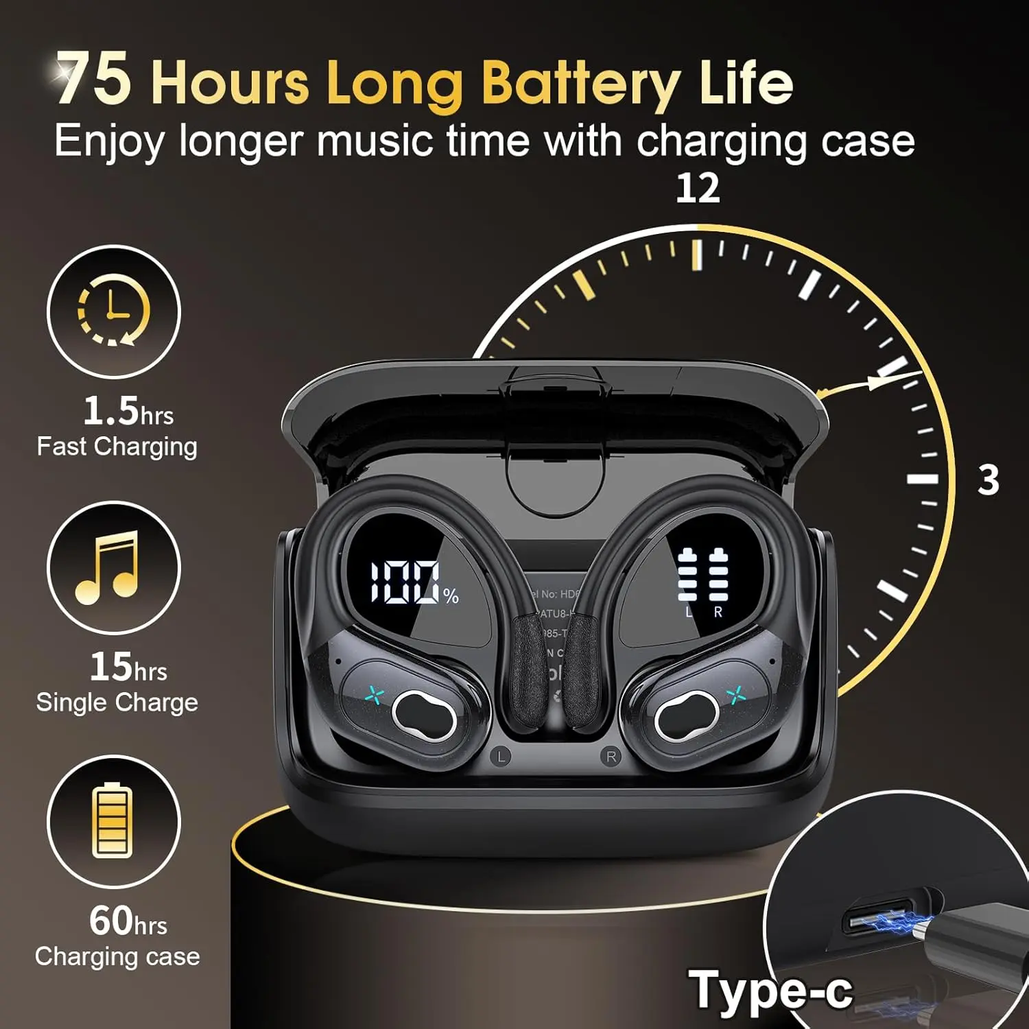 Wireless Earbuds 5.4 Bluetooth Headphones Sports Ear Buds with Earhooks 75H Playtime Wireless Headphones for Workout Waterproof