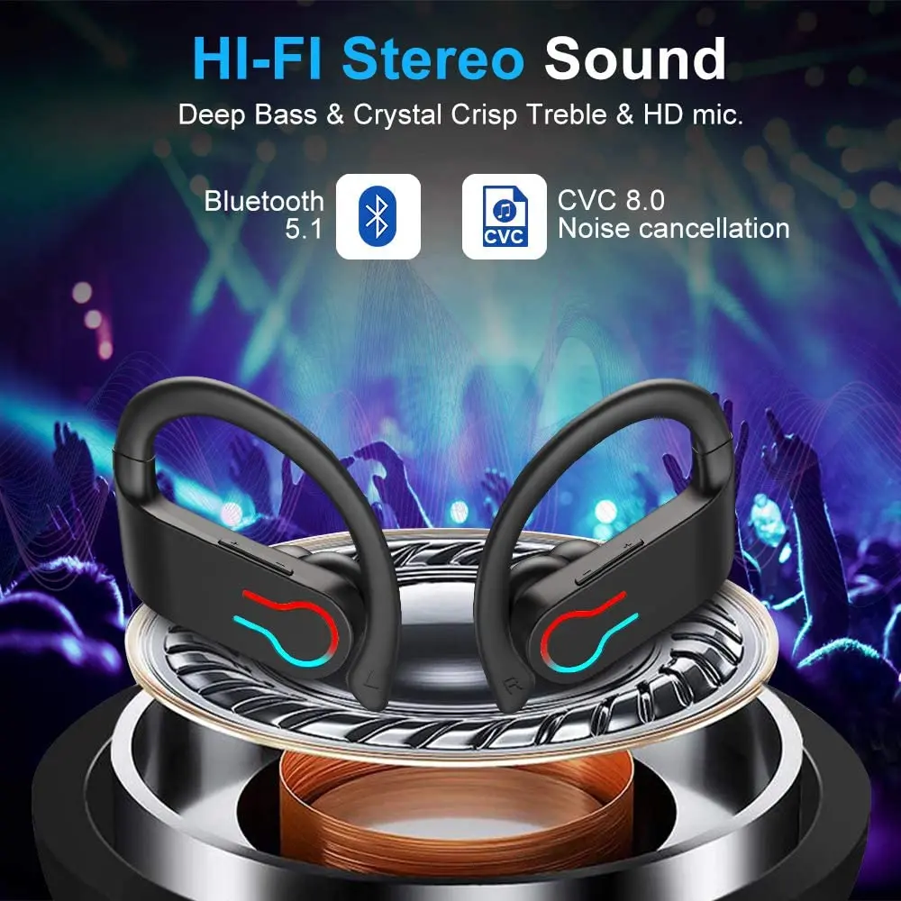 Wireless Earbuds,Bluetooth Sport Headphones,40H Playtime Earhook Headset,Wireless Earphone 6D Stereo HiFi Sound Noise Cancelling