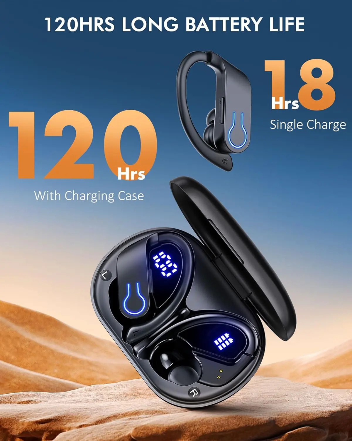 Wireless Earbuds,Bluetooth Sport Headphones,40H Playtime Earhook Headset,Wireless Earphone 6D Stereo HiFi Sound Noise Cancelling