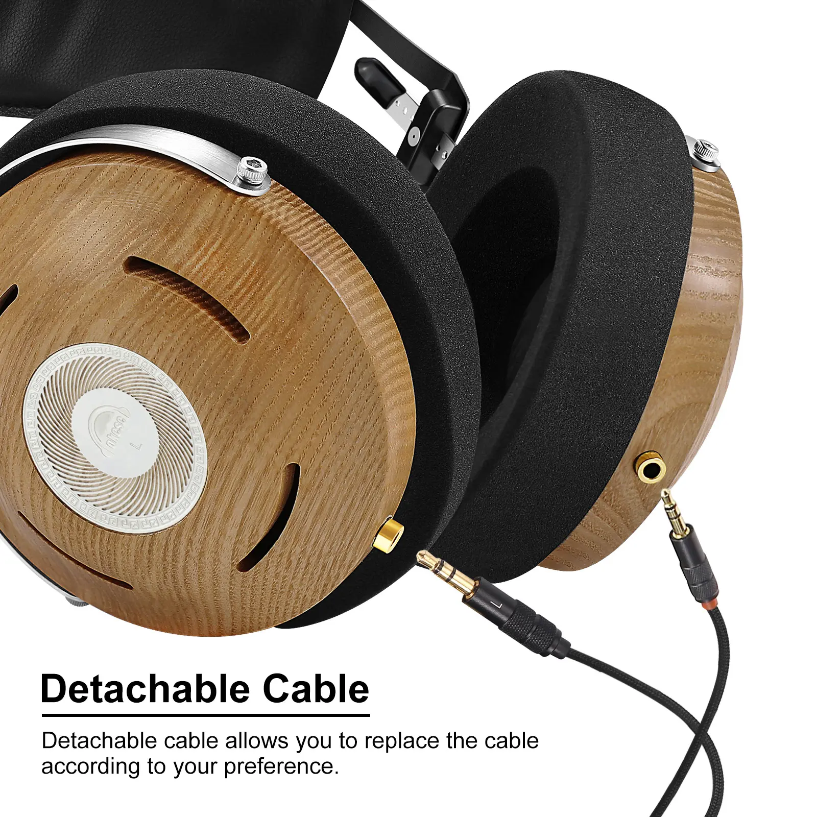 Okcsc Ash Wooden Open-back Headphone detachable wired Headset For PC/ smart phone 3.5mm Audio Music Wired Stereo